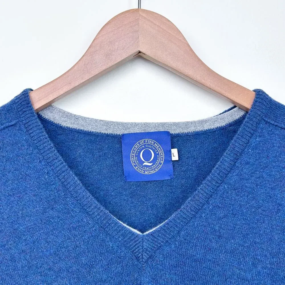 Purveyors Of Fine Menswear Q Clothier Wool Cashmere Blue V-Neck Sweater LARGE